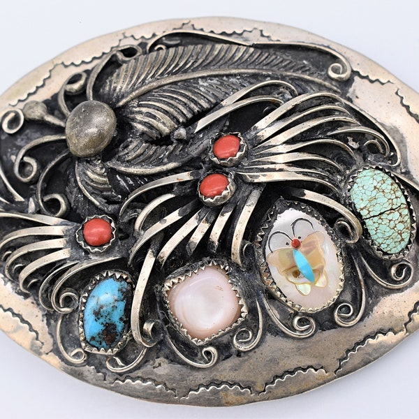 Floral Scroll Stem and Leaf Berry Turquoise Red Coral MOP Butterfly Handmade Vintage Belt Buckle