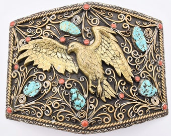 XL LARGE Oversize Western Eagle Paisley Red Coral Turquoise Heavy Vintage Belt Buckle
