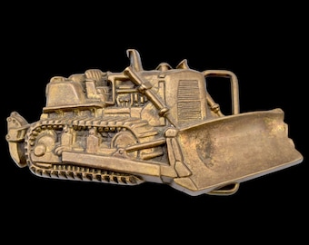 Solid Brass Bulldozer 1970s Vintage Belt Buckle by BBB Baron [1978]