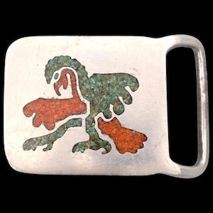 Eagle Dancer Figural Turquoise & Red Coral Inlay Western 1970s Vintage Belt Buckle by Rainbow Jewelry/IMC