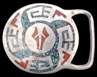 Southwestern Pinwheel Spiral Turquoise & Red Coral 1970s Vintage Belt Buckle by Rainbow Jewelry/IMC
