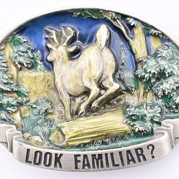 Look Familiar? Bad Hunter Spooked Deer Whitetail Rump Vintage Belt Buckle