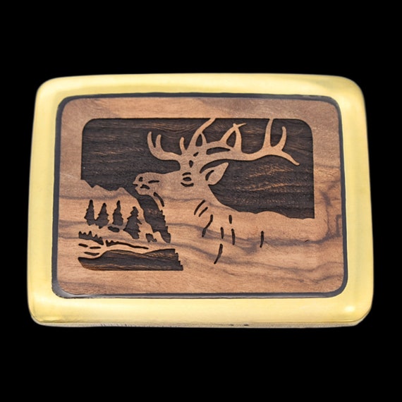Solid Brass Olive Tree Wood Elk Nature Scene Wilderness Trinity Buckle Co. Vintage Belt Buckle