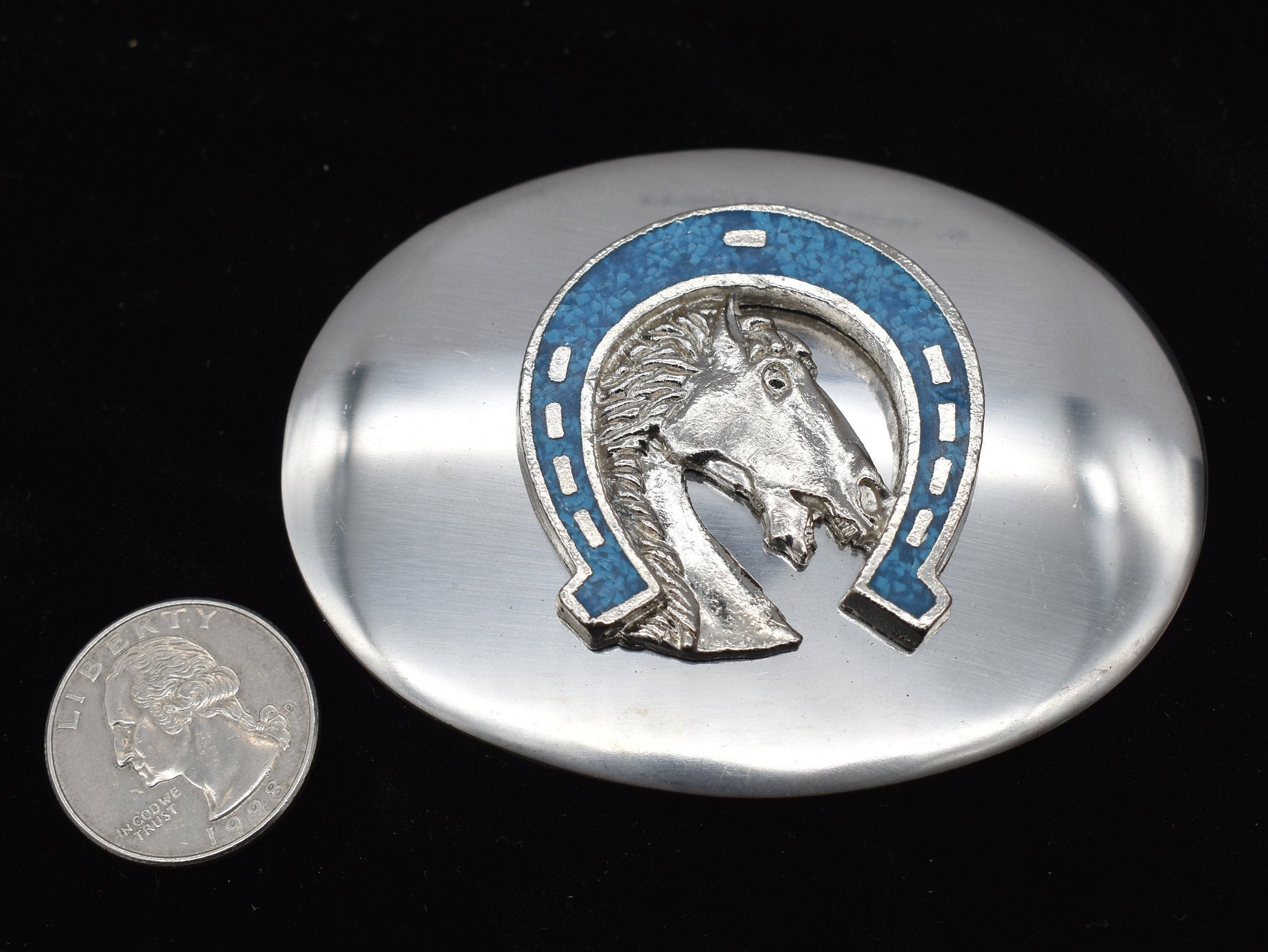 Western Cowgirl Belt Buckle Horseshoe Shaped Silver Tone Turquoise Chips Inlay Horse Head WIth Turquoise Chip Inlay Horseshoe Western Belt  main image 2