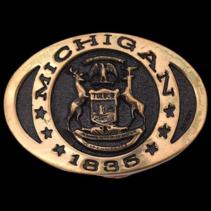 Small Michigan State Seal Solid Brass Vintage Belt Buckle