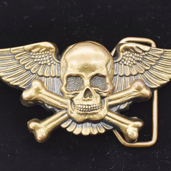 Solid Brass Winged Skull and Crossbones Punk Metal Biker 1970s Vintage Belt Buckle