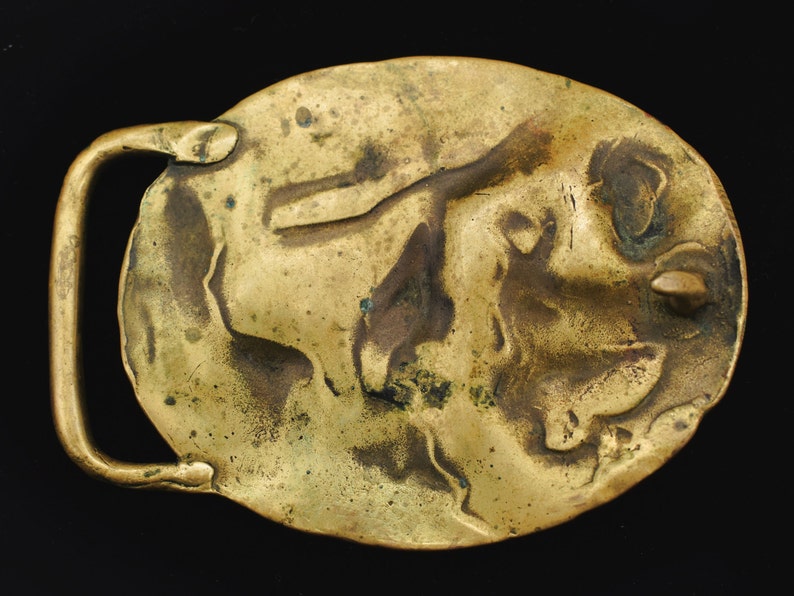 1970s Rare Solid Brass Crucifix Faces Studio Mid Century Modern Art Abstract Vintage Belt Buckle