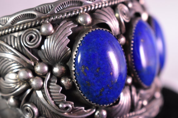 Sterling Silver Lapis Lazuli Stone Cabochon Flora… - image 9