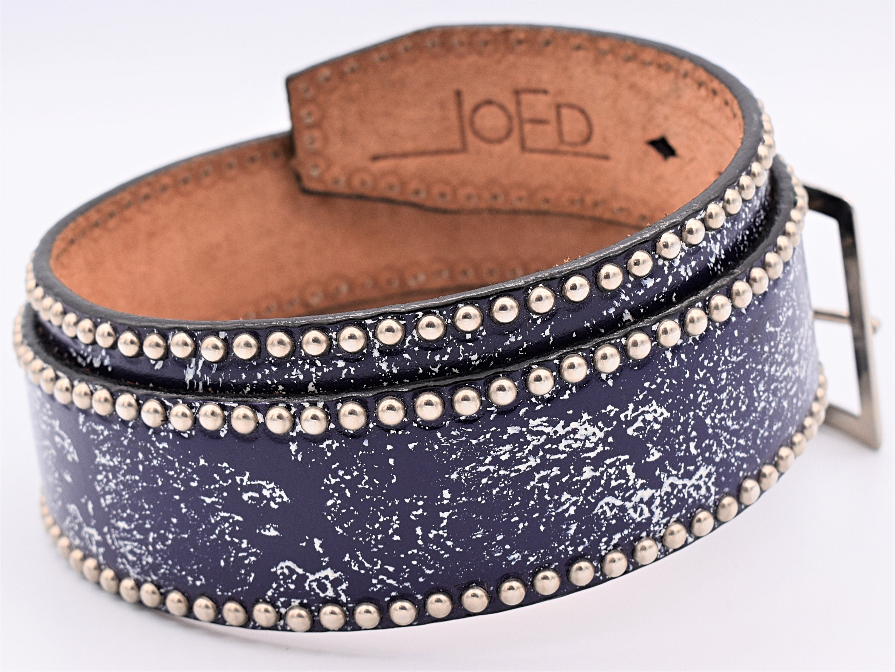 Jo-Ed Tooled Black Leather Blue Crystal Studded Belt Size 34 Snap On Punk Rock Black & Azure Blue Star Studded Checker  main image 4