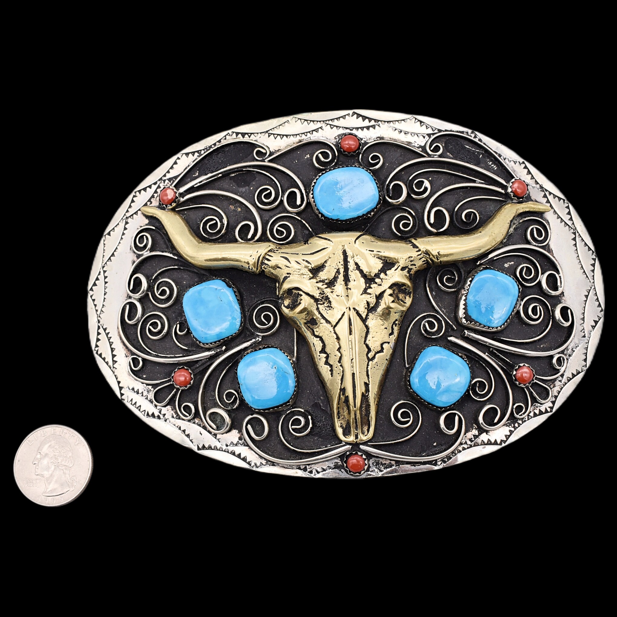 VTG 1986 Longhorn Skull Western Belt Buckle Made USA Cowboy Rodeo Vtg 1986 Siskiyou Belt Buckle Cowskull Feather Design w  main image 2