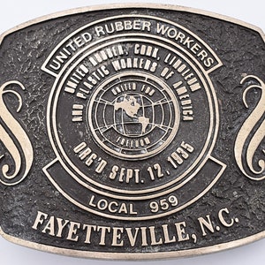 United Rubber Workers Labor Union Fayetteville NC Solid Brass Vintage Belt Buckle