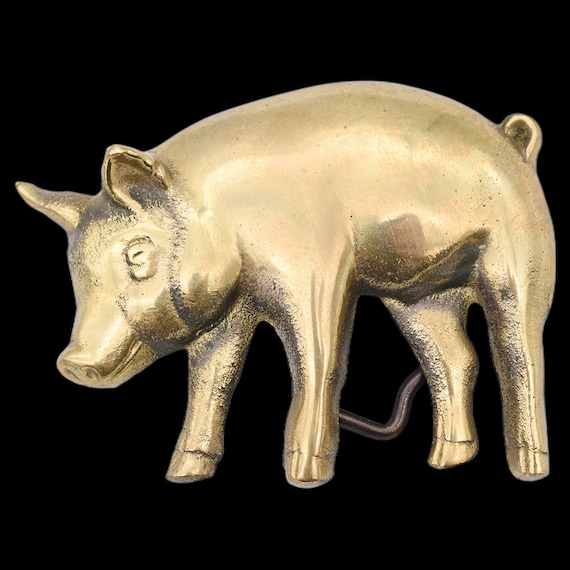 Solid Brass Pig Vintage Belt Buckle - image 1