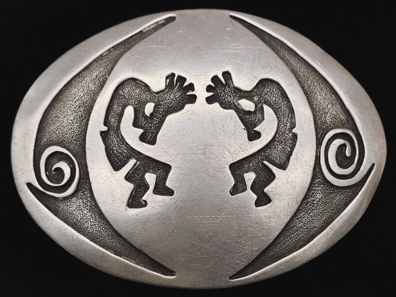 Sterling Silver Overlay Method Kokopelli Figures Vintage Belt Buckle Artist Signed WW Sterling