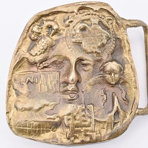 Solid Brass 1970s Abstract Faces Character Symbol Letters Brutalist MCM Vintage Belt Buckle