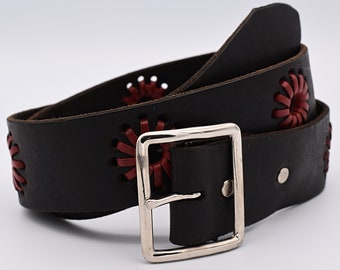 Genuine Leather Belt Size 36 ~ Black W/Red Leather Laces Floral Design Western Boho Joed Urbina