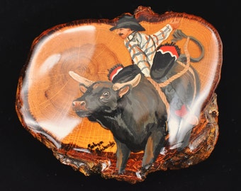 Hand Painted Wood Slice Vintage Bull Rider Western Cowboy Vintage Belt Buckle