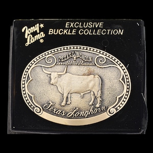 Texas Longhorn Cattle Breed Tony Lama Solid Brass Vintage Belt Buckle W/Box