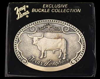 Texas Longhorn Cattle Breed Tony Lama Solid Brass Vintage Belt Buckle W/Box