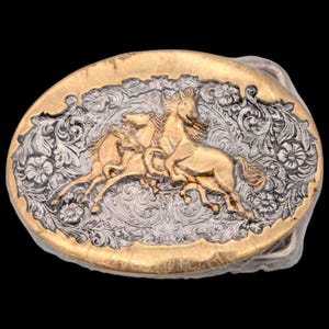Wild Horses Gold & Silver Plate 1980s SMALL Vintage Belt Buckle by Award Design Medals