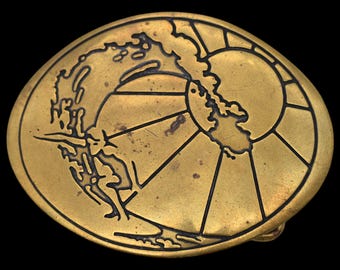 Solid Brass Surfing Barrel Wave Vintage Belt Buckle by Trinity Buckle Co [ca. 1970s]