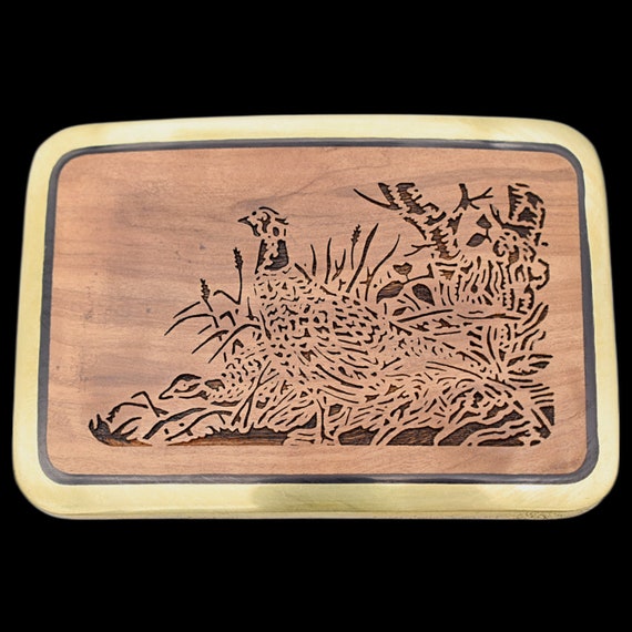 Pheasants Rooster Hen Solid Brass & Olive Tree Wood Vintage Belt Buckle
