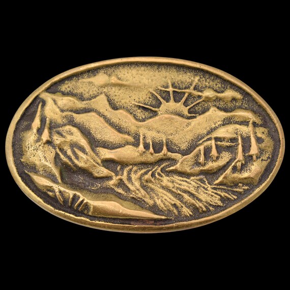 Solid Brass Mountain Forest River Valley Sunrise … - image 1