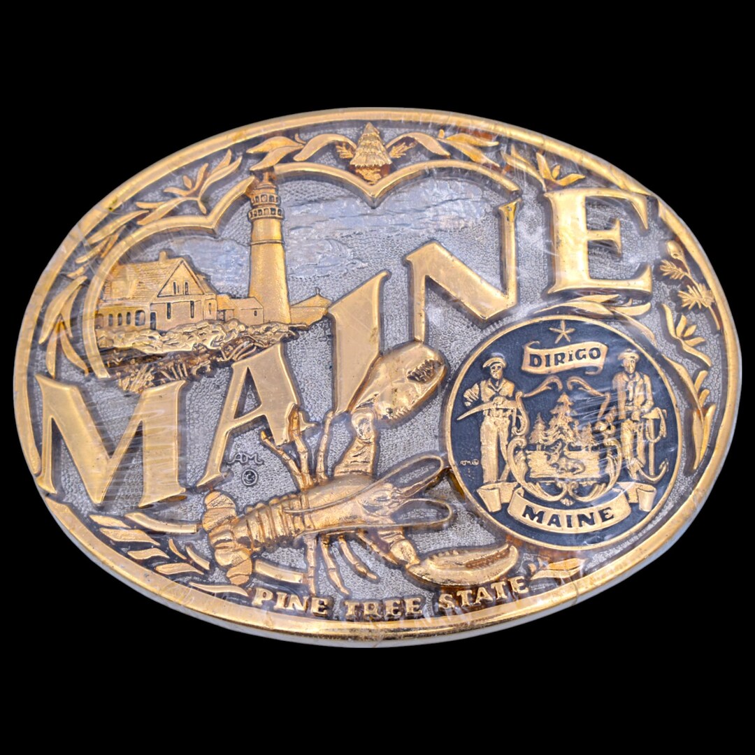 Maine State Seal Gold & Silver Plate Solid Brass Vintage Belt Buckle by