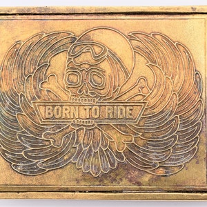 Distressed Skull & Crossbones Solid Brass Born to Ride Motorcycles 1980s Vintage Belt Buckle