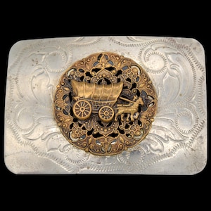Covered Wagon Western Frontier Cowboy Nickel Silver Vintage Belt Buckle