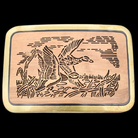 Ducks Solid Brass & Olive Tree Wood Vintage Belt Buckle
