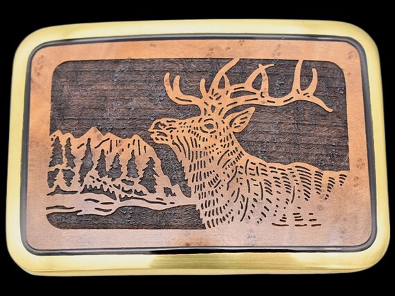 Solid Brass Olive Tree Wood Elk Nature Scene Wilderness Trinity Buckle Co. Vintage Belt Buckle View 4