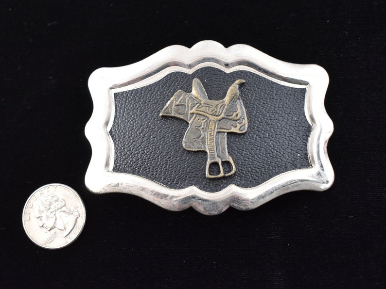 Nickel Silver Country Western Leather Saddle Vintage Belt Buckle