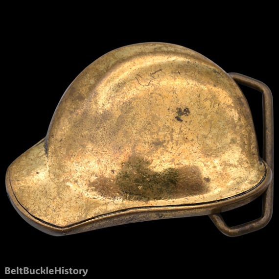 Solid Brass Hard Hat Construction Worker Builder Vintage Belt Buckle by BTS [1978]