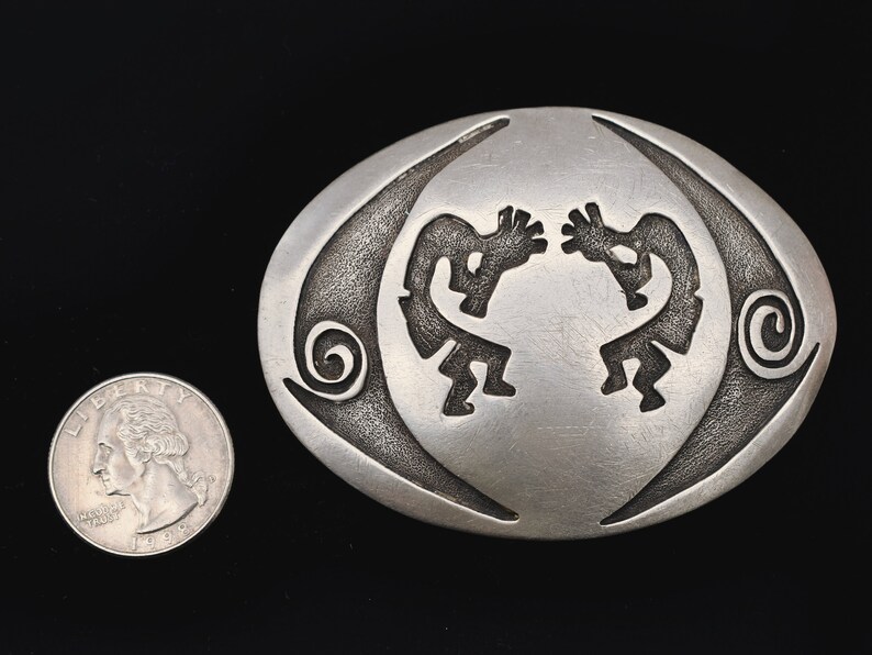 Sterling Silver Overlay Method Kokopelli Figures Vintage Belt Buckle Artist Signed WW Sterling