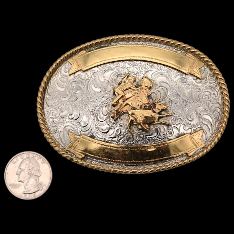 Calf Roping Western Engraved 1980s Vintage Belt Buckle by Award Design ...