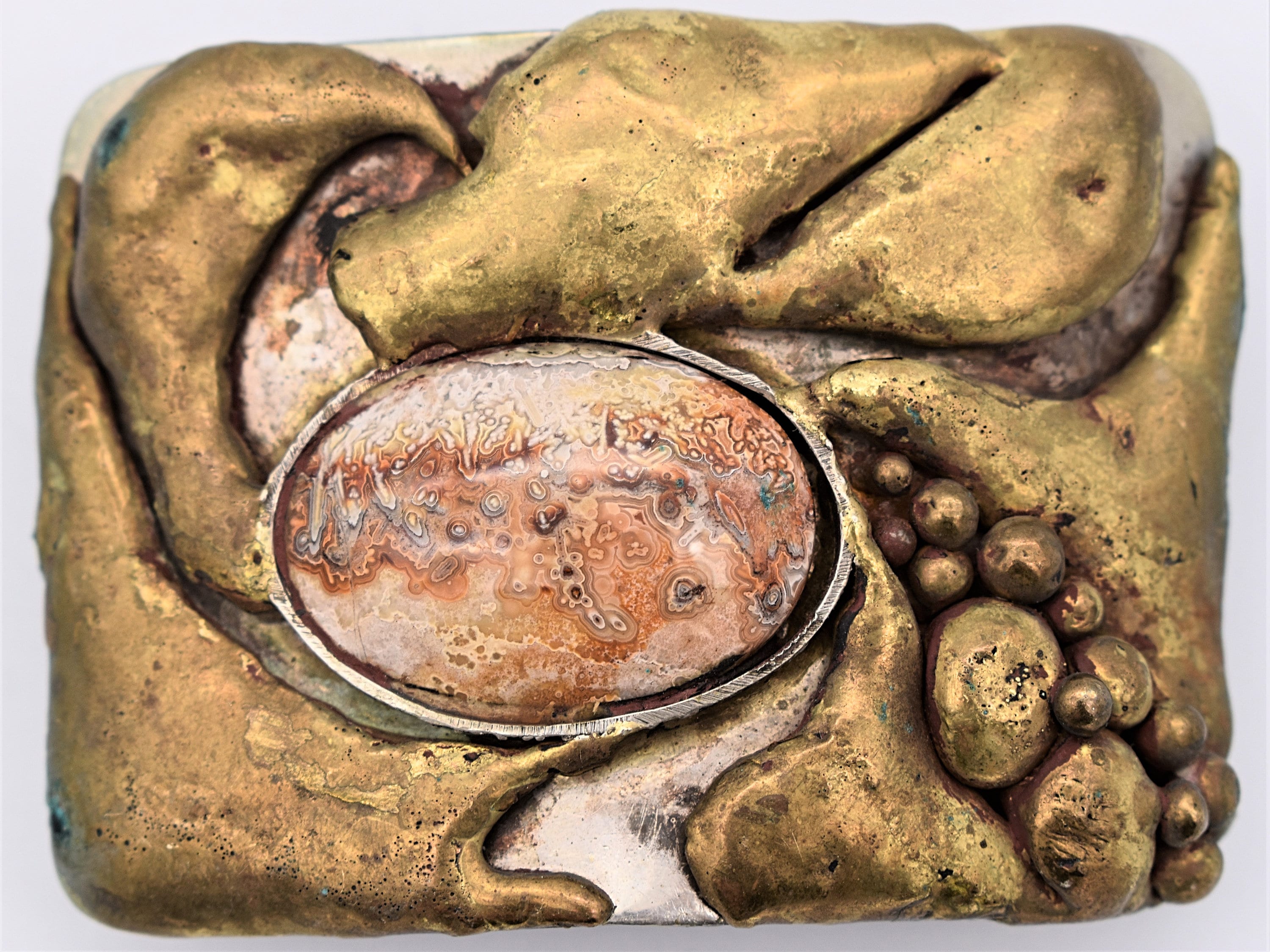 K Dupre vintage brass belt buckle
Cabochon set stone Handmade 60s 70s boho mcm Belt Buckle Small Colored Stones on Copper-colored Shield - Etsy main image 3