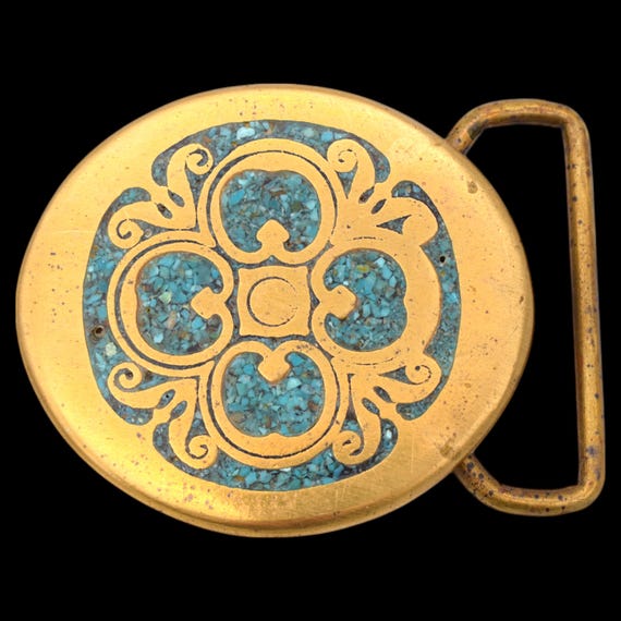Solid Brass & Turquoise Cloverleaf Paisley Hippie… - image 1