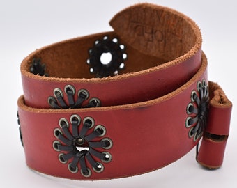 Genuine Leather Belt Size 36 ~ Red Leather Laces Floral Design Western Boho Joed by Urbina