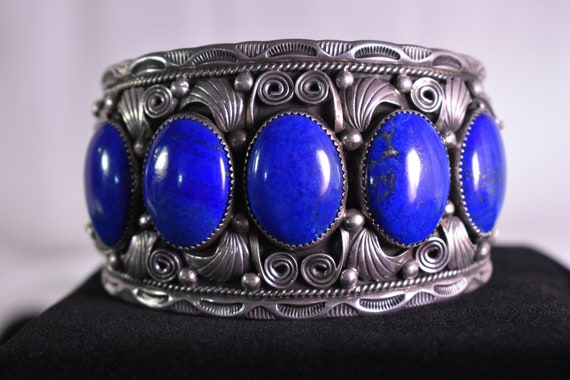 Sterling Silver Lapis Lazuli Stone Cabochon Flora… - image 1