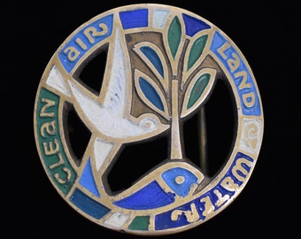 Hebilla de cinturón hippie vintage de latón macizo pintado, 1970, "Reciclado" - Diseños ecológicos / Terra Sancta Guild / Árbol de la vida