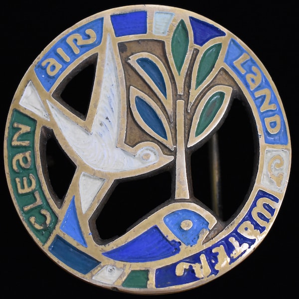 1970 Painted Solid Brass "Recycle" Vintage Hippie Belt Buckle - Ecology Designs / Terra Sancta Guild / Tree of Life