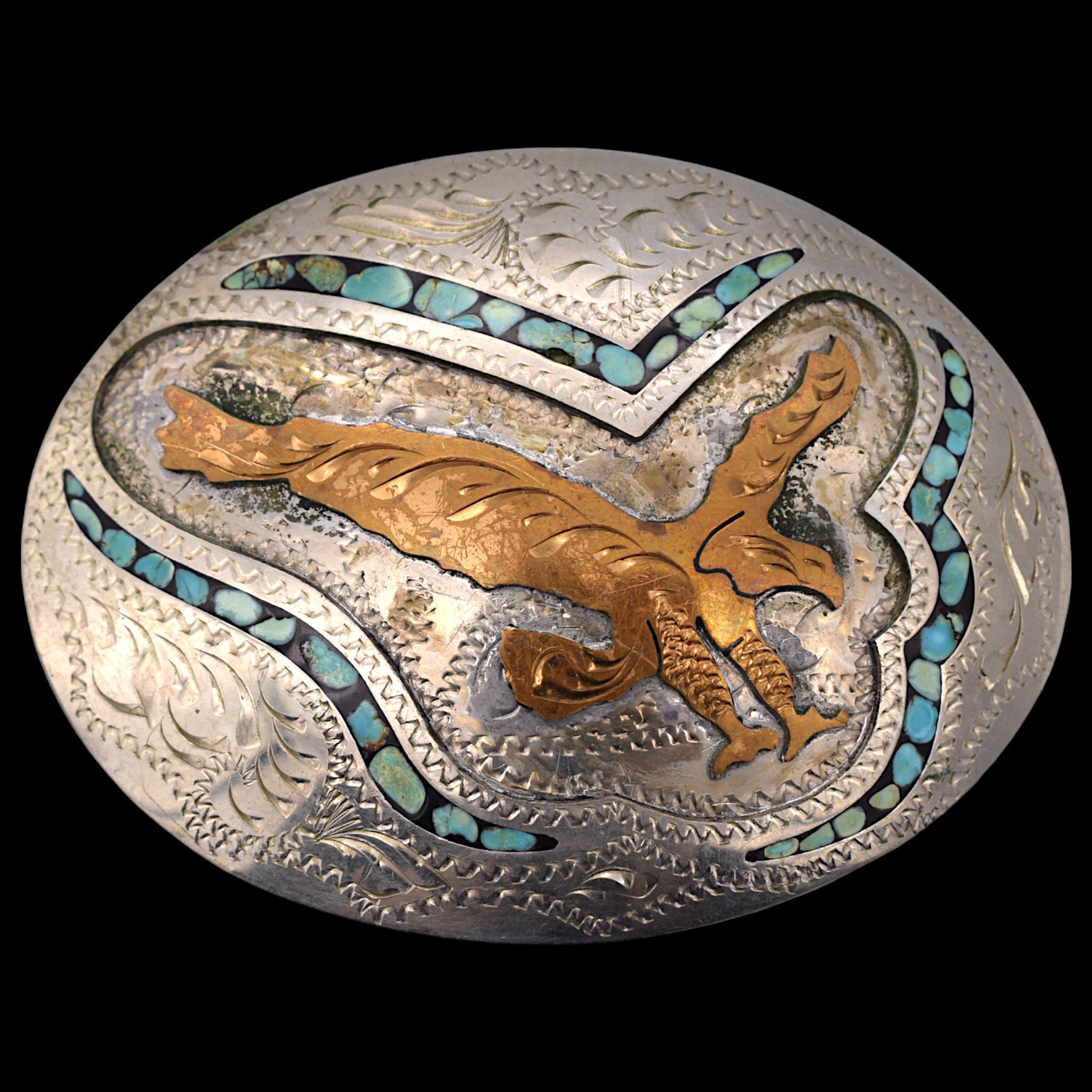 Blue Eagle Inlay Western Belt Buckle Vintage Hand Made Eagle Turquoise Inlay Western Belt Buckle  main image 2