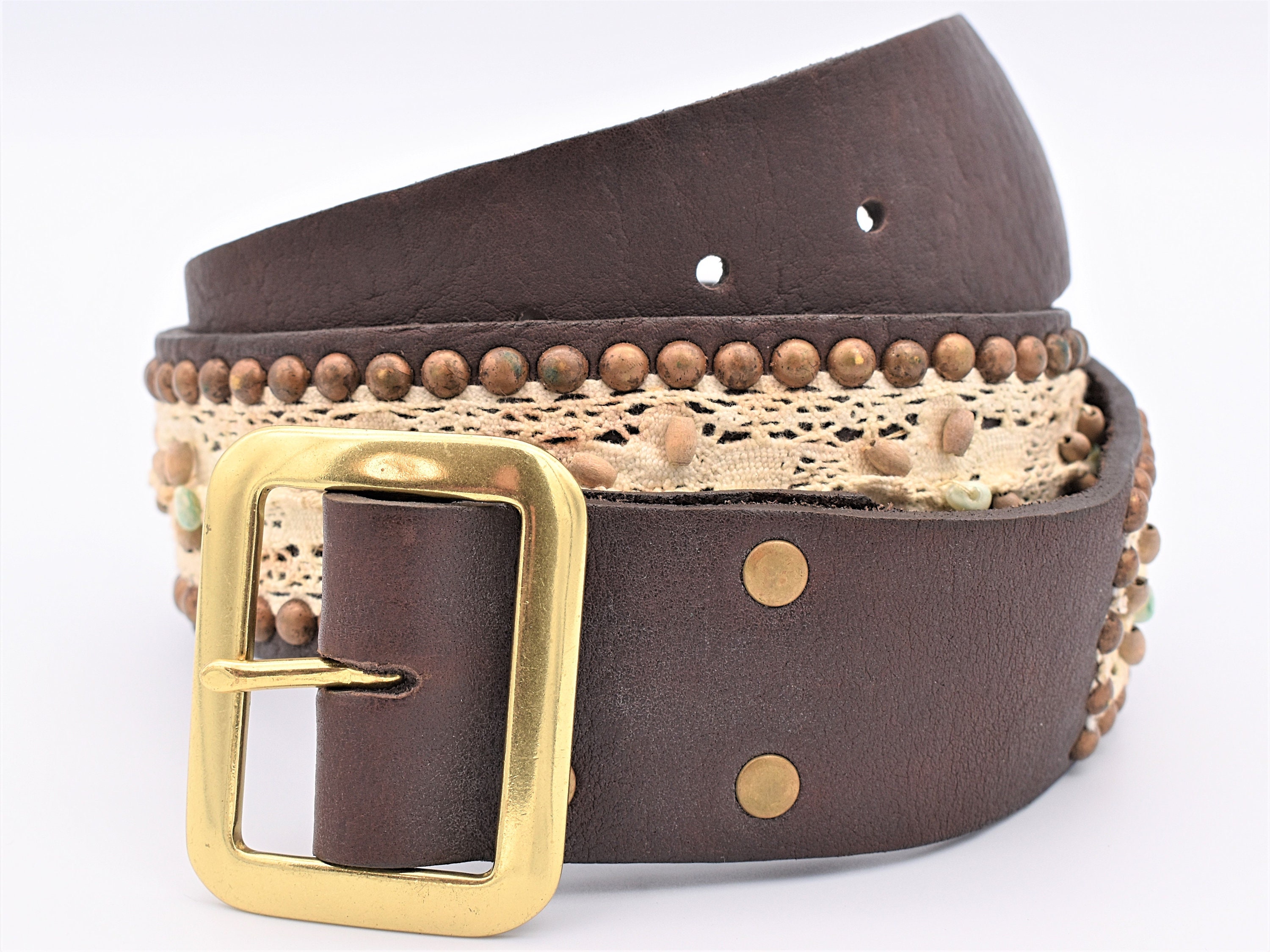 Adoppia Belt Vintage Genuine Leather and Brass Studs and Embossed Buckle 30\