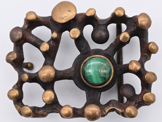 1970s Handmade Solid Brass Studio Modern Malchite Stone Boyd  display picture 1