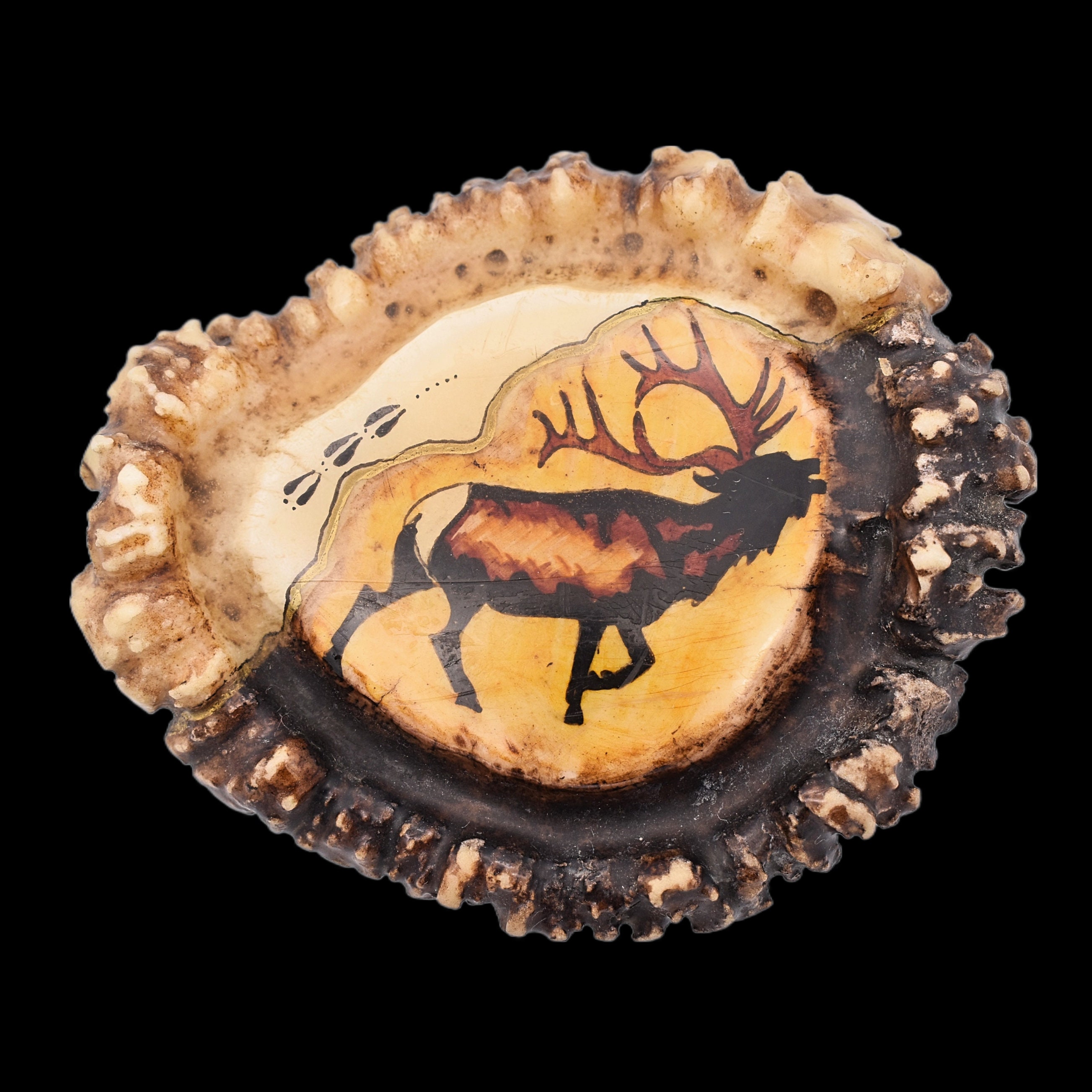 ANTLER BELT BUCKLE INLAID STONE VINTAGE / ANTIQUE VTG 1989 hand carved ELK Antler Burr Rosette Belt Buckle w  main image 3