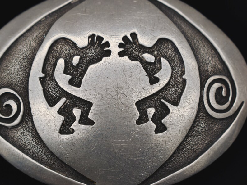Sterling Silver Overlay Method Kokopelli Figures Vintage Belt Buckle Artist Signed WW Sterling