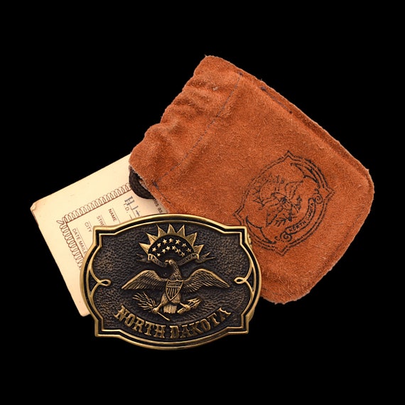 North Dakota Flag Seal Solid Brass Vintage Belt B… - image 1