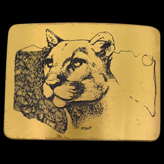 Mountain Lion Cougar Solid Brass Etching Vintage … - image 1