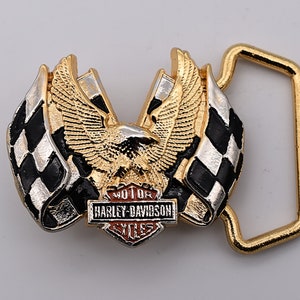 SMALL Harley Davidson Motorcycles Racing Flags BBB Baron Brass 1980s Vintage Belt Buckle