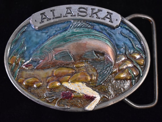 Alaska Salmon Fly Fishing Fisherman Vintage Enameled Pewter Belt Buckle 